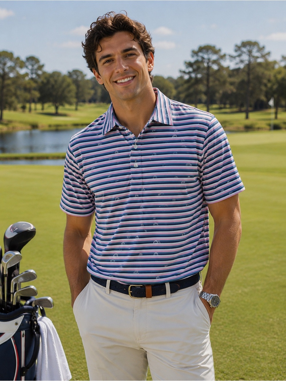 Criquet Blue and White Striped Short-Sleeve Polo